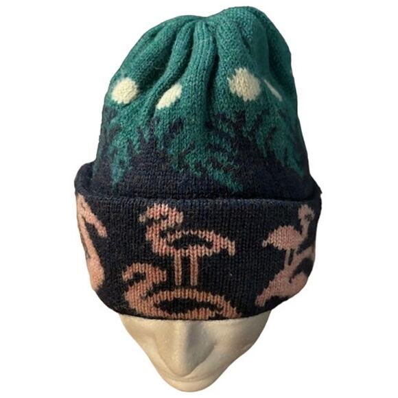 Vintage VTG winter wool ski hat beanie flamingos pink and green made in vermont - Picture 2 of 5